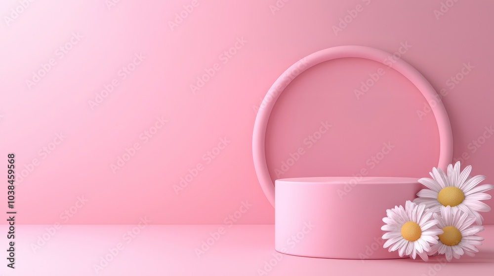 Pink cylindrical display with flowers on a soft pink background. Pink cylindrical display with flowers on a soft pink background.