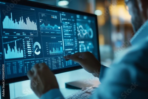 A businessman using a KPI data system to analyze financial business metrics, focusing on the dashboard displaying revenue, operations, and sales data