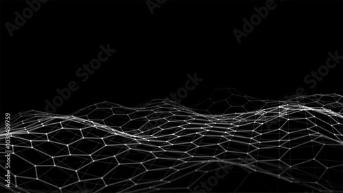 Abstract futuristic hexagon wave with moving dots. Flow of particles. Technology illustration. Vector illustration.