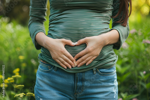 Close-up of hands forming a heart shape on a pregnant belly, with a lush green background. Symbolizes love, maternity, and the bond between mother and unborn child.
