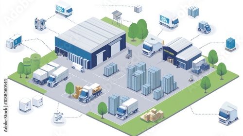 Digital logistics network, with data streams flowing between hubs, warehouses, and delivery trucks