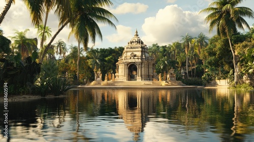 A tranquil view of the templea??s water tank, reflecting the architecture and surrounded by palm trees. photo