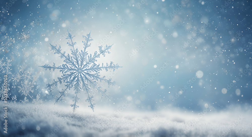 Elegance in Frost A Magnificent Snowflake Stands Prominently Against a Soft, Snow-Kissed Horizon, Sparkling Amidst a Gentle Winter Snowfall Elegance in Frost A Magnificent Snowflake Stands Prominently Against a Soft, Snow-Kissed Horizon, Sparkling Amidst a Gentle Winter Snowfall