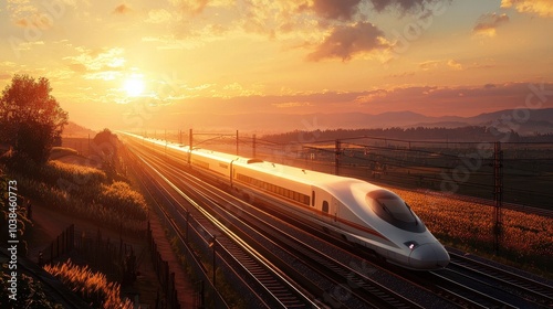 High-Speed Train Cutting Through Scenic Landscape