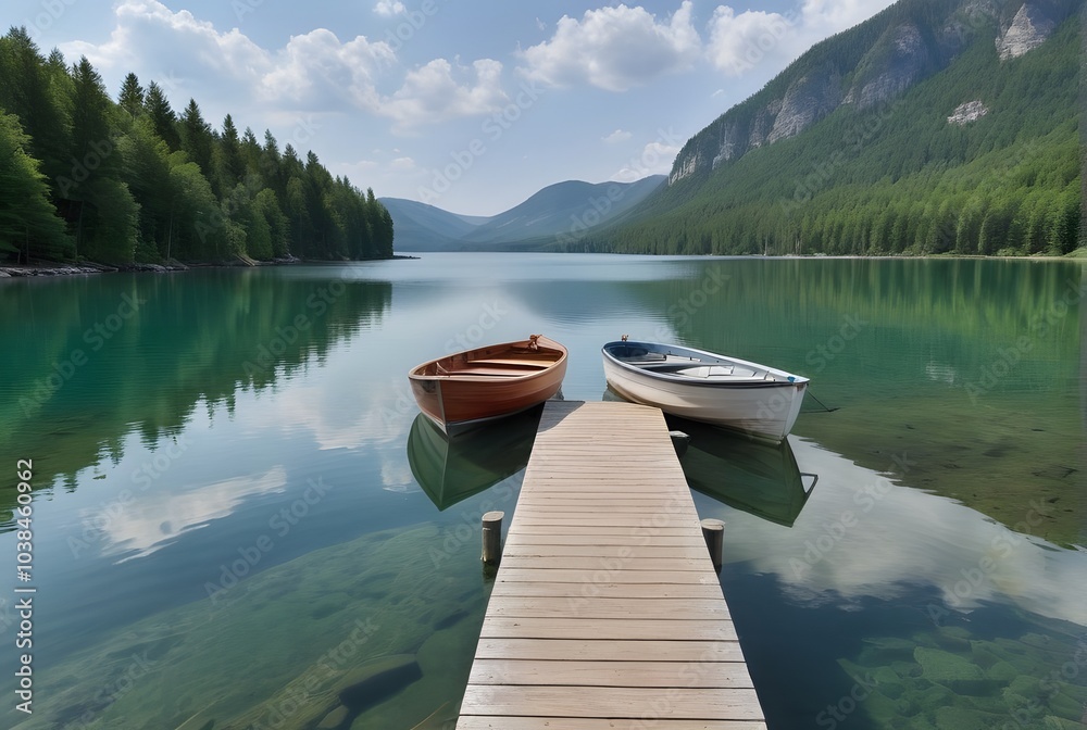 Obraz premium Serene Lake Scene with Two Boats and a Wooden Dock