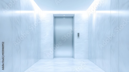 A large silver elevator door is open in a white room