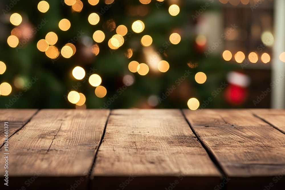 Wooden table surface with blurred lights and tree for holiday designs Wooden table surface with blurred lights and tree for holiday designs