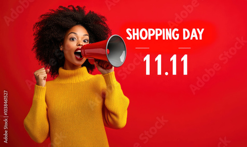 Young black woman in yellow jacket shouting into megaphone announcing discounts and sales, on red background with copy space. Concept of global shopping day, black friday, rush, news