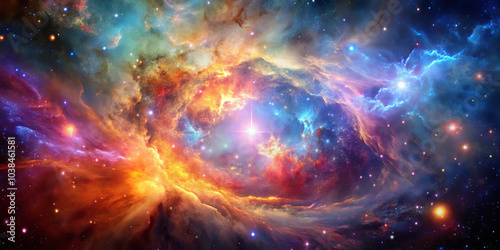 A breathtaking cosmic nebula radiates vibrant colors while swirling across the expansive universe, illuminated by distant stars and glowing gas clouds