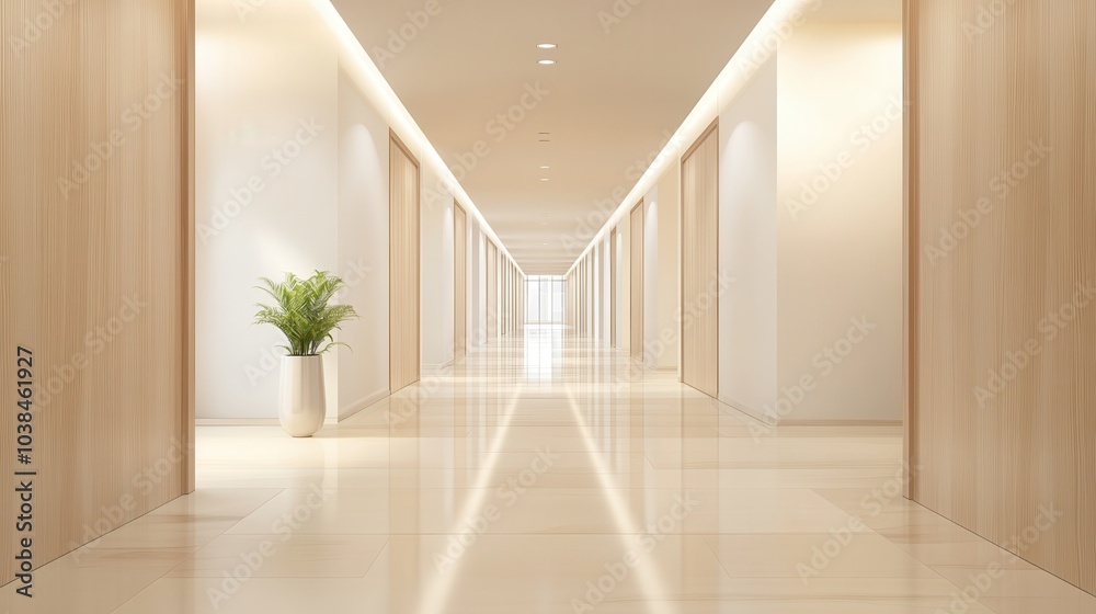 A long hallway with white walls and wooden doors