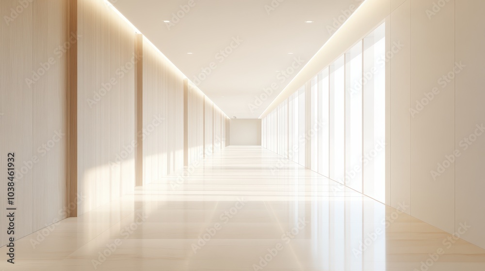 A long hallway with white walls and a white floor A long hallway with white walls and a white floor