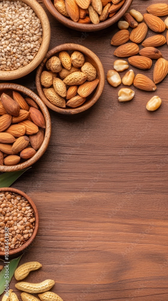 Various nuts and seeds in wooden bowls on a wooden surface.
