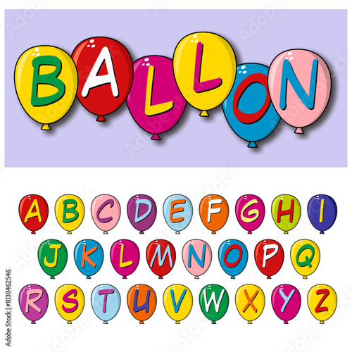 Alfabeto per scrivere con palloncini colorati. Font carattere editabile