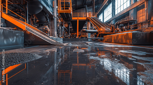 Industrial Interior with Conveyor Belt and Water Reflection