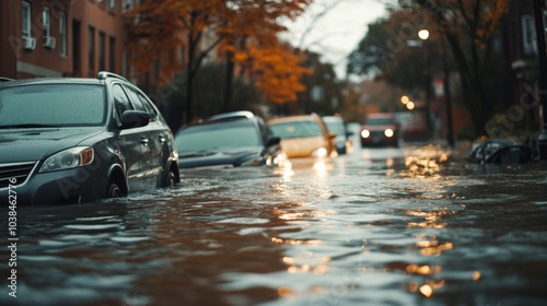 City street with flooded vehicles 