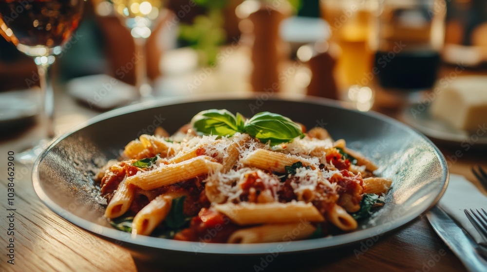 Classic Penne alla Arrabiata Pasta with Basil and Parmesan Cheese 