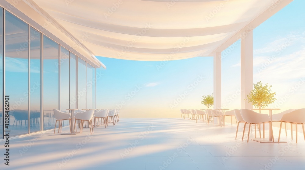 A large open space with white umbrellas and white chairs A large open space with white umbrellas and white chairs