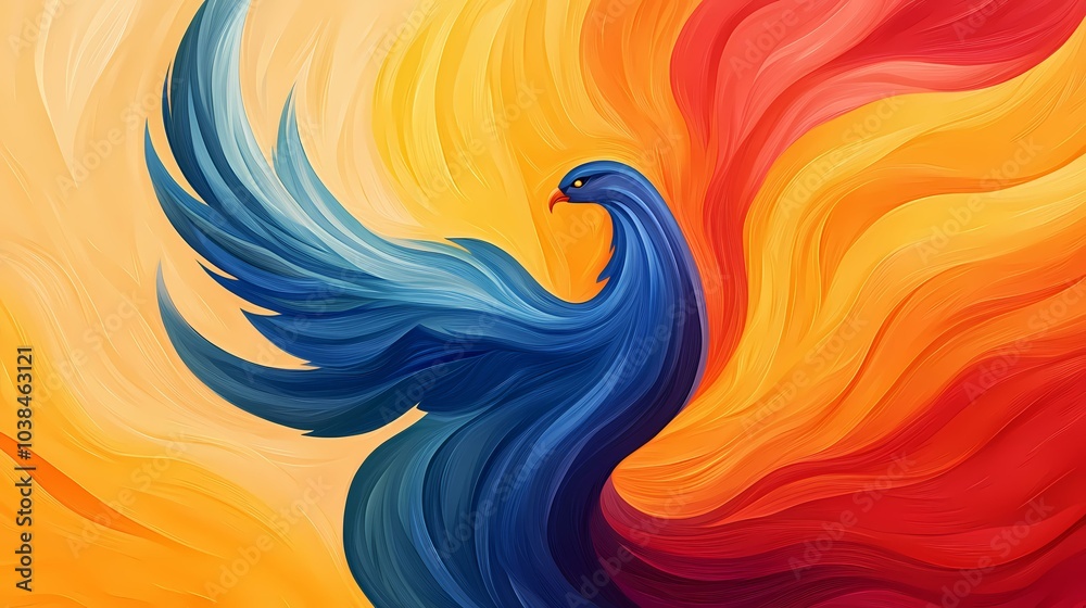 Obraz premium A blue bird with long flowing feathers, like a phoenix, against orange and red striped waves.