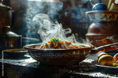 A food photographer capturing the essence of Moroccan tagine in a rustic kitchen setting, with natural light highlighting the steam rising from the dish.