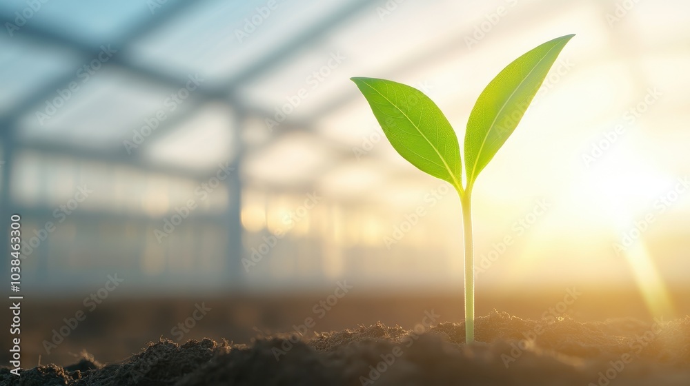 A small green plant is growing in the dirt