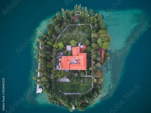 Top-down view of the Visovac Monastery located on the island in Krka National Park, Croatia photo