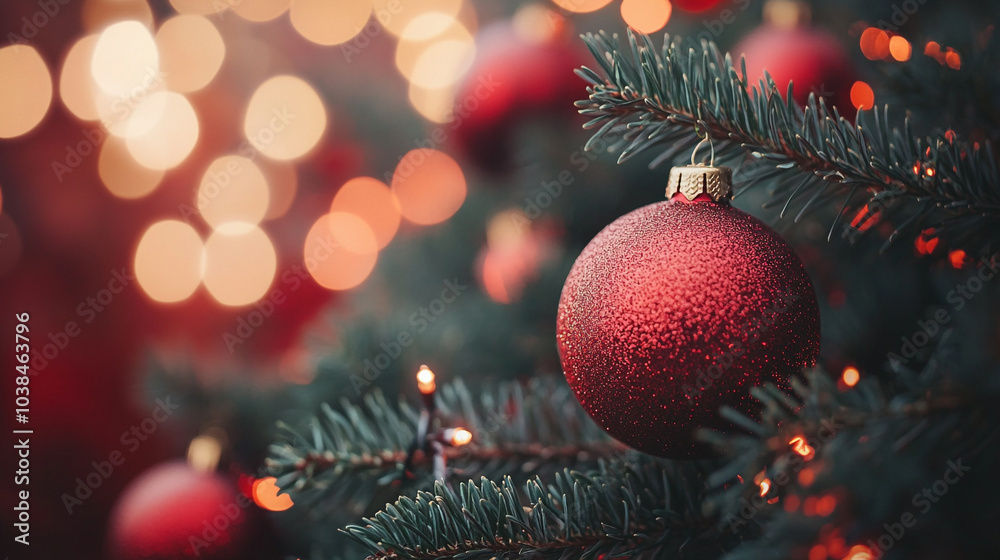 Decorated Christmas tree with red ornaments and blurred lights on Christmas Day Decorated Christmas tree with red ornaments and blurred lights on Christmas Day
