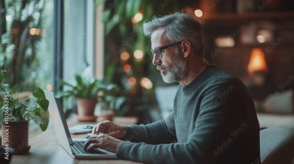 Focused Man Working on Laptop in a Modern Office Focused Man Working on Laptop in a Modern Office