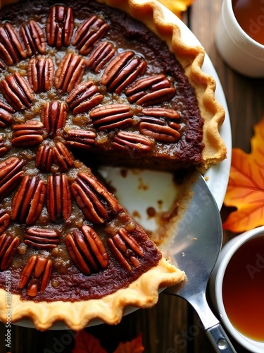 Delicious pecan pie served on a rustic wooden table with autumn leaves and warm beverages. Generative AI