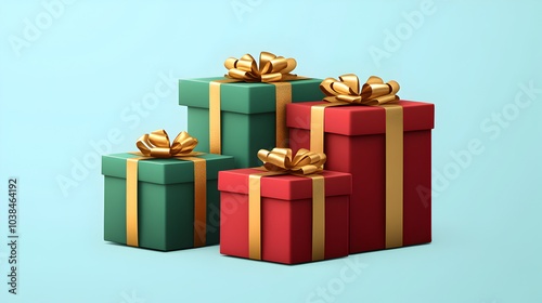 Festively wrapped green and red gift boxes with golden bows arranged on a light blue background ready for holiday celebrations