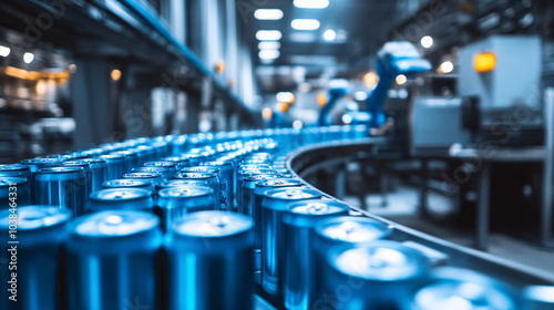 Aluminum Cans on Conveyor Belt in Factory Production Line