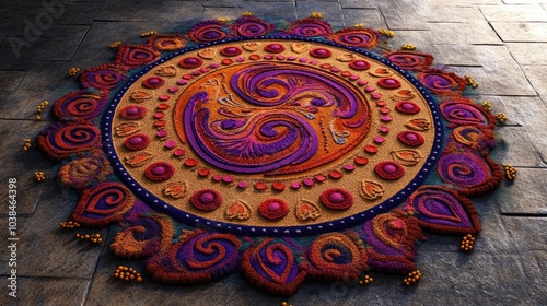 An artistic rendition of a circular rangoli design featuring paisley motifs and contrasting colors. photo