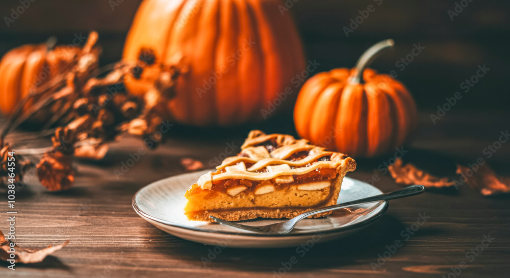 Autumn pumpkin pie slice with lattice crust on rustic table setting Autumn pumpkin pie slice with lattice crust on rustic table setting