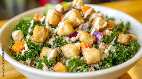 Vibrant Kale and Quinoa Vegan Caesar Salad with Chickpeas and Nutty Tahini Dressing for an Energizing Meal photo