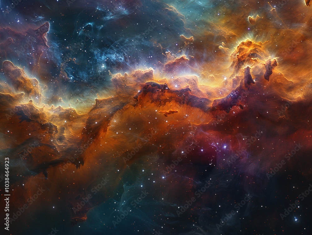 Fototapeta premium A vibrant cosmic nebula showcasing colorful gases and stars in a vast universe.