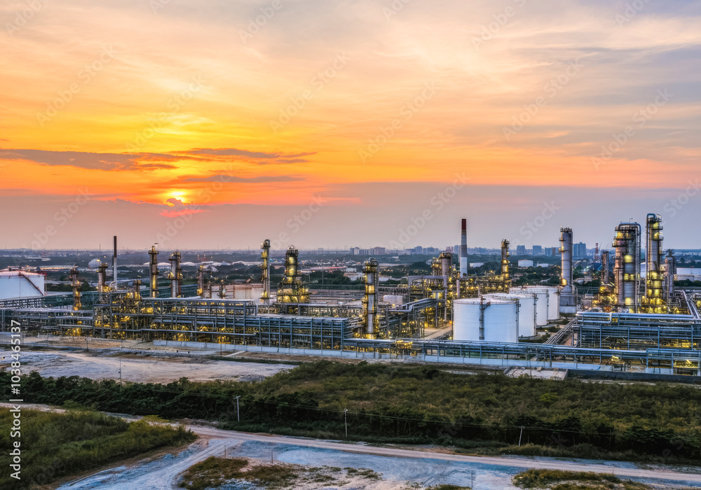 Obraz premium Industrial refinery at sunset with city skyline and idyllic evening sky