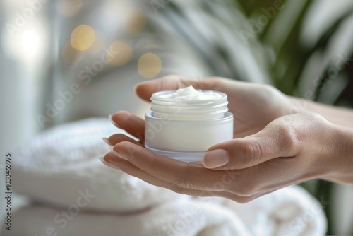 Close-up of hands holding moisturizing cream jar in spa setting