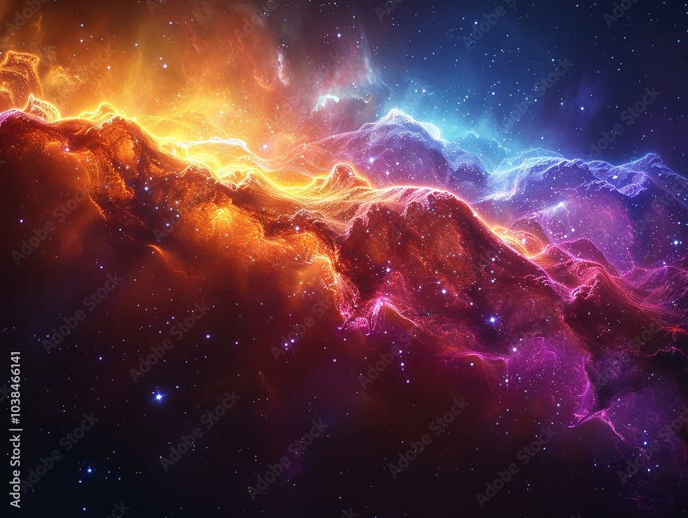 Obraz premium A vibrant cosmic scene featuring colorful nebulae amidst a starry sky.