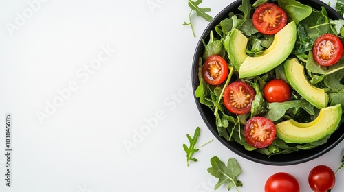 A bowl of colorful salad with greens, cherry tomatoes, and avocado slices on a white background