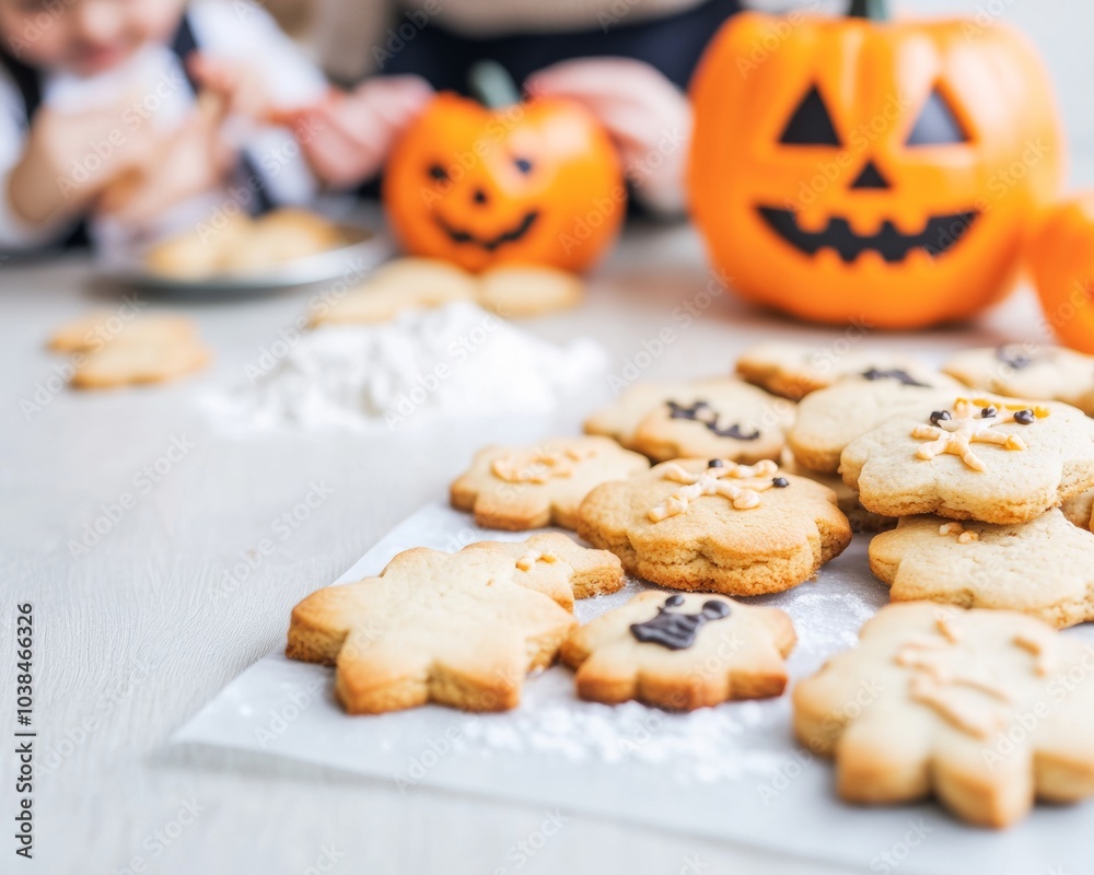 A spooky but inviting kitchen a family making Halloween-themed cookies A spooky but inviting kitchen a family making Halloween-themed cookies