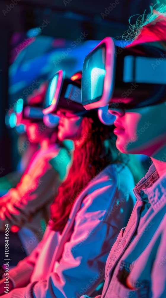 A group of people wearing virtual reality goggles are sitting in a room A group of people wearing virtual reality goggles are sitting in a room