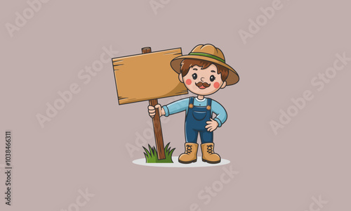 Cute farmer holding a wooden signboard in a field.