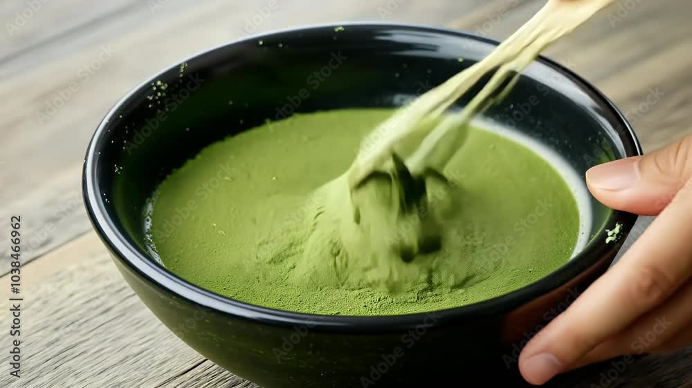 beautifully detailed 4K video traditional Japanese matcha green tea powder being prepared black bowl perfect highlighting organic natural alth benefits ancient whipped creamy latte dairy free pudding
