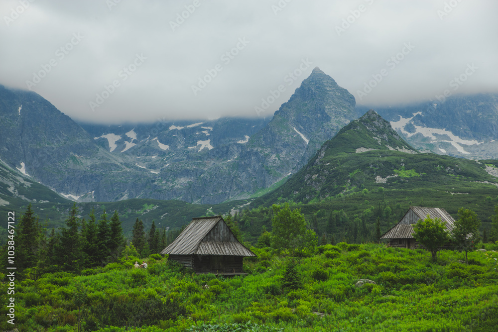 Traditional Wooden Huts in the Tatra Mountains with a Cloud-Covered Peak
