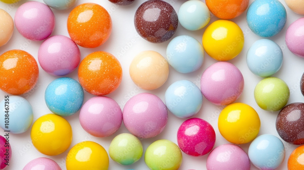 A close-up shot of colorful candy coated chocolate balls on a white background. A close-up shot of colorful candy coated chocolate balls on a white background.