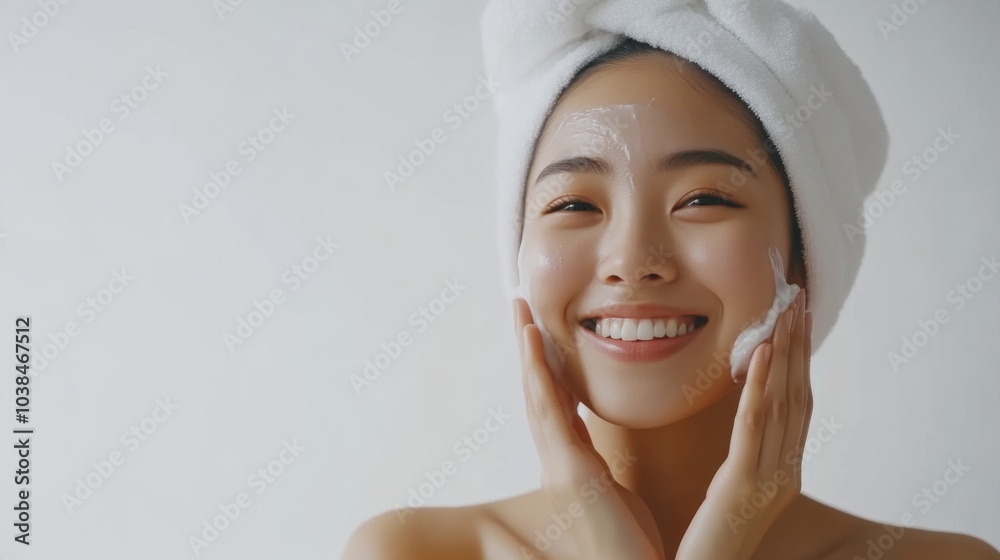 Smiling Woman Applying Facial Cleanser for Clean Skin Smiling Woman Applying Facial Cleanser for Clean Skin