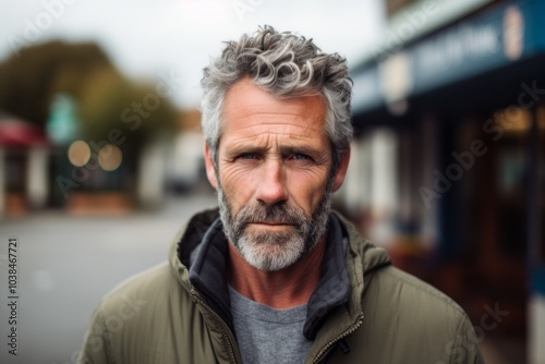 Handsome middle aged man with grey hair and beard in urban background