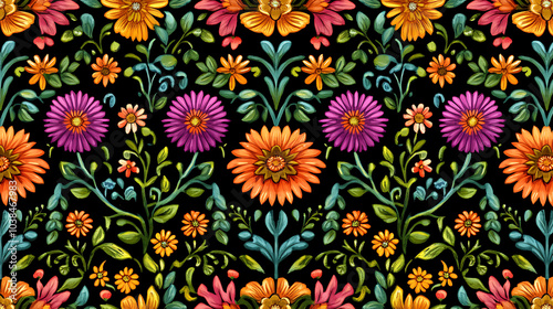 Vibrant floral pattern featuring colorful flowers and intricate designs on dark background, evoking sense of joy and creativity