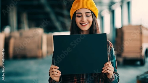 Smiling young woman holding a blank chalkboard in a warehouse. Smiling woman wearing a yellow beanie with empty sign ready for message. photo