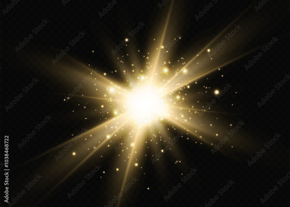 Naklejka premium Light effects, glare, glitter, explosion, golden light, Vector illustration. shining golden stars.