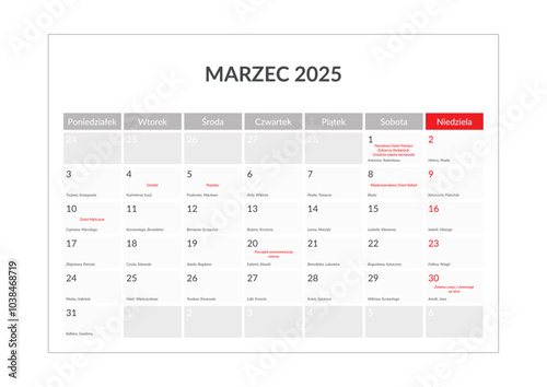 Kalendarium 2025 pl / imieniny / święta